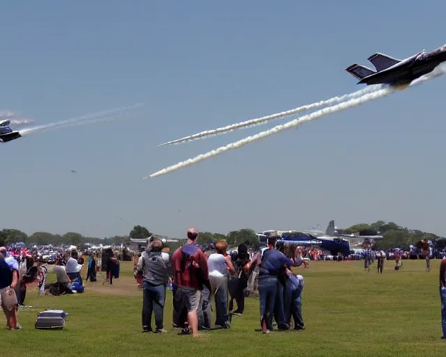 Prompt: A day at the airshow, jets flying overhead, sonic boom, video camera recording