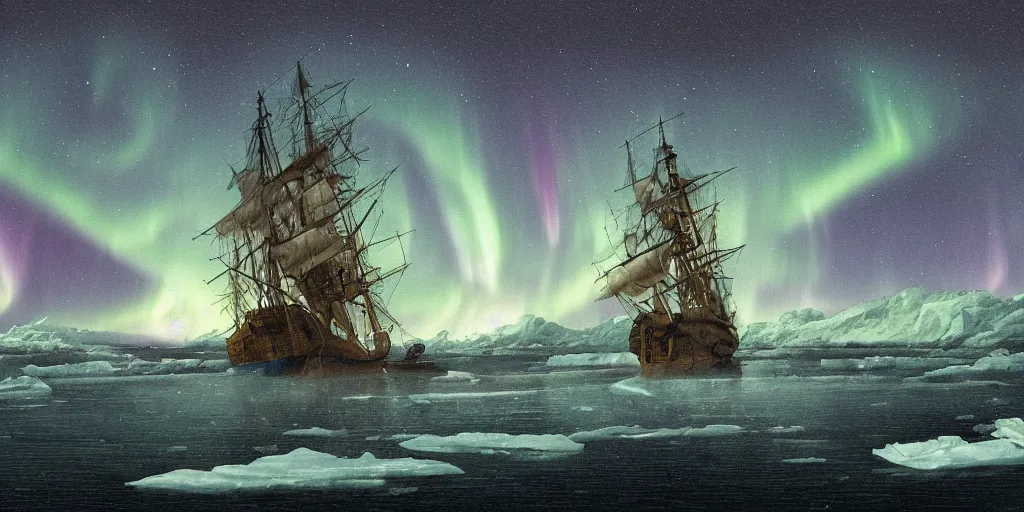 Image similar to digital painting of a 18th century ship stuck in ice on a cold sea at night. Sharp focus. Northern lights. Cinematic composition.