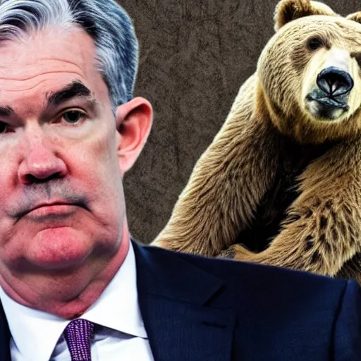 Prompt: Jerome Powell is sitting on top of a bear. Jerome powell is riding the bear like a horse.