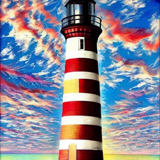 Image similar to beautiful lonely lighthouse, hyper realistic, colorful patterns, subtle shadows, art by tim okamura and oksana dobrovolska and tarkowsky. natural light.