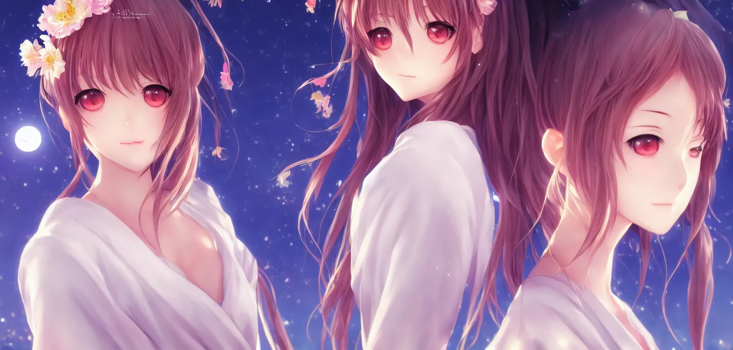 Image similar to portrait three beautiful anime girls wear coctail kimono closeup | | sunny night, full moon, dreamlike art, realistic shaded, smile, good looking, hyper details, 4 k realistic, cryengine, realistic shaded lighting poster by artgerm, ross tran, fuji choko, 8 k resolution, trending on artstation, luxury