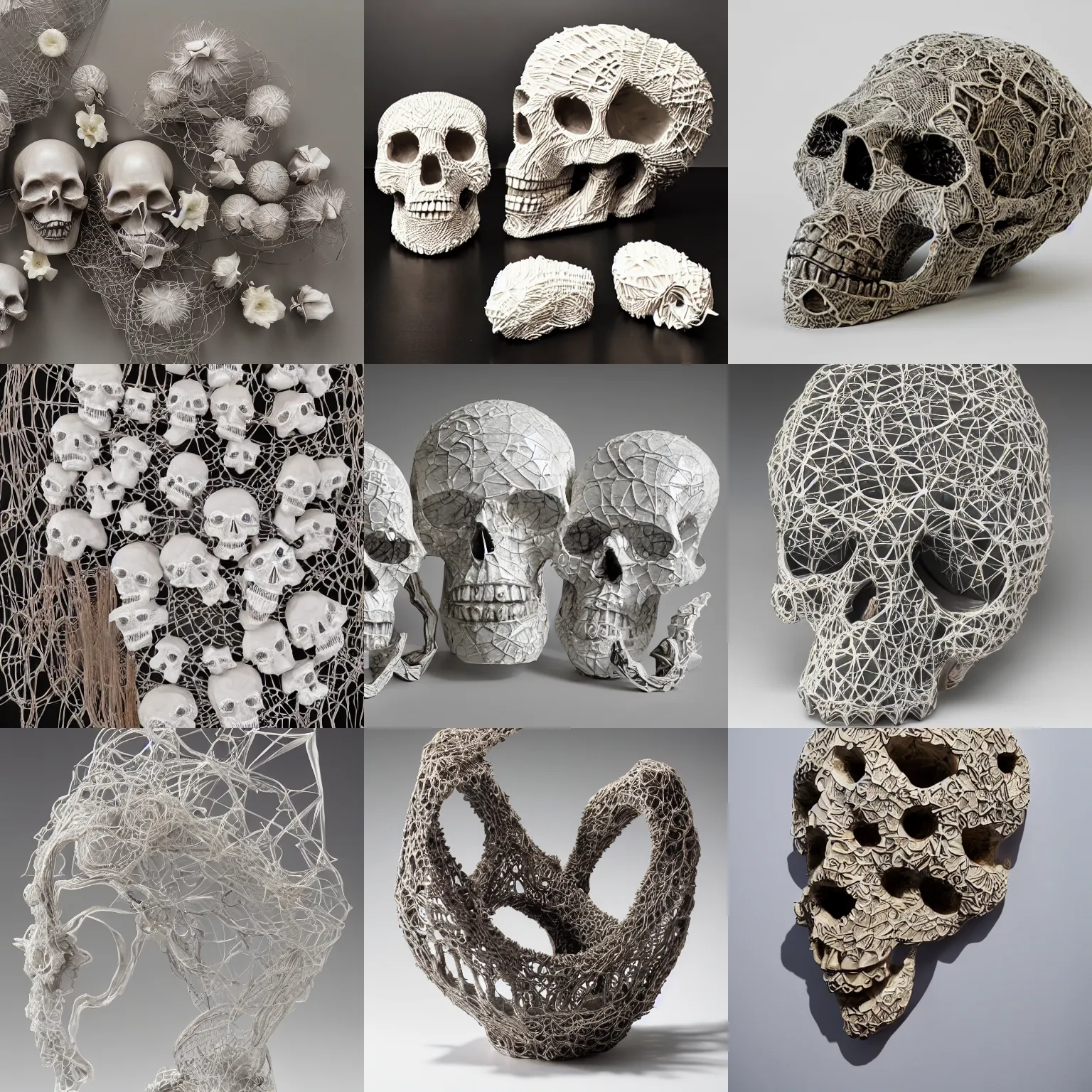 Prompt: abstract shaped flowers, abstract shaped skulls, made out of thick webs, Juz Kitson, Brian Rochefort, Jessica Stoller, highly detailed carving on southern ice porcelain, deformed, Contemporary Ceramics, color, glossy, art gallery, masterpiece