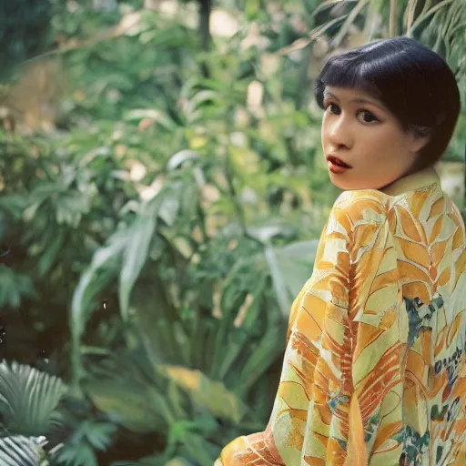 Prompt: head to waist medium format portrait photograph of an elegant blond woman wearing a yellow kimono in a tropical greenhouse. looking at the camera!!. super resolution. 85 mm f1.8 lens.bokeh.graflex. by William Adolphe Bouguereau