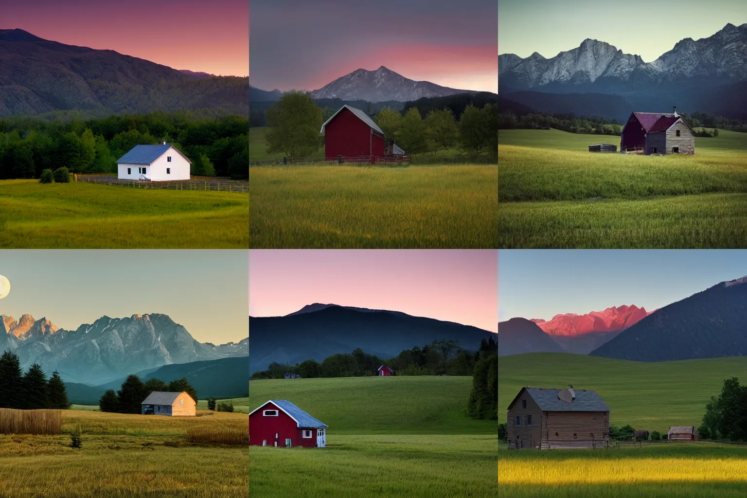 A Photo Of A Small Farm House In A Meadow At Dusk With Stable 