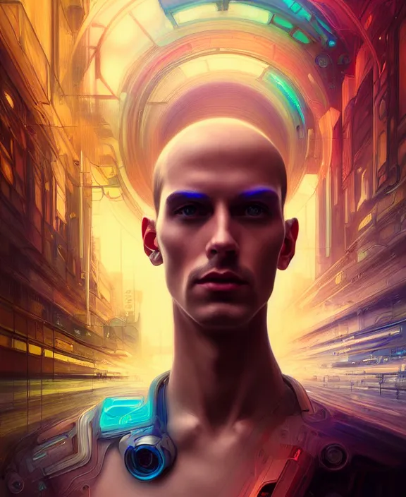 Image similar to a whirlwind inside the metaverse, guy, male, man, hologram, half body, neurochip, android, cyborg, cyberpunk face, by loish, d & d, fantasy, intricate, elegant, highly detailed, colorful, digital painting, artstation, concept art, art by artgerm and greg rutkowski and alphonse mucha