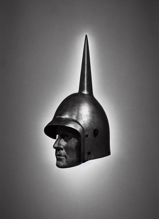 Image similar to realistic photo portrait of a a sculpture of medieval scientist ritual monk cone hat helmet made of wood, with plastic details detailed, electricity laser beam aura, sci - fi, greyscale 1 9 9 0, life magazine photo, natural colors,