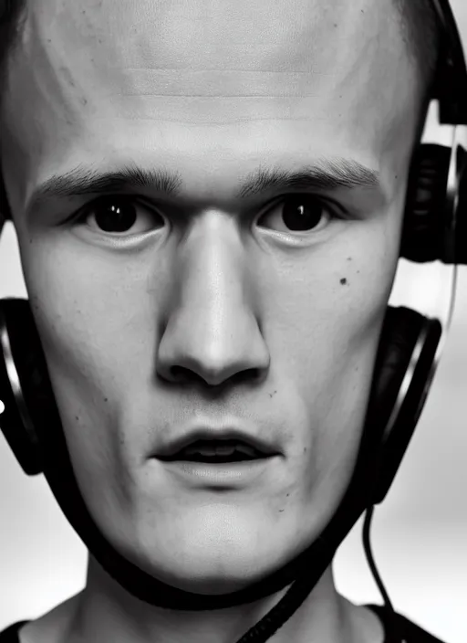 Image similar to perfect symmetric face, coherent eyes. vitalik buterin in headphones. close up, high detail, very sharp, 4 k, hayao miyazaki