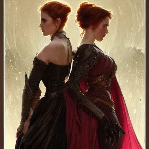 Prompt: a beautiful portrait of emma watson and scarlett johanson as a red haired vampire sorceresses, leather armor, d & d, fantasy, intricate, elegant, highly detailed, digital painting, artstation, concept art, matte, sharp focus, illustration, art by greg rutkowski and alphonse mucha