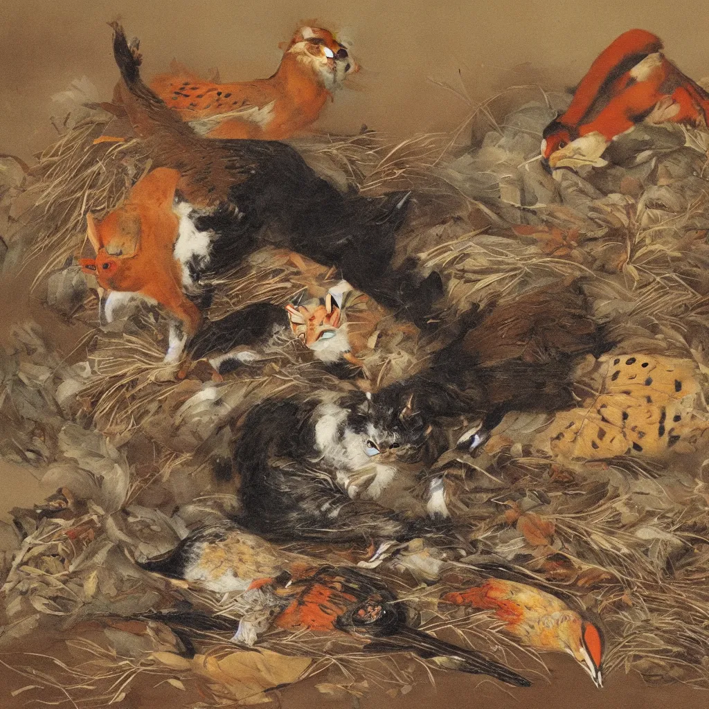 Image similar to cat and pheasant mix, art gallery, art museum, 4k, 8k