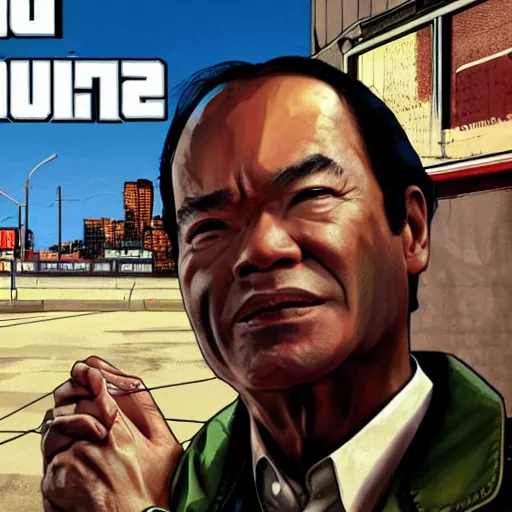 Prompt: Francis Fukuyama in GTA V, Cover art by Stephen Bliss, Boxart, loading screen