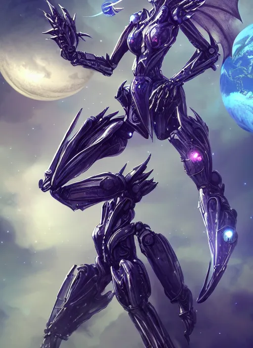 Image similar to goddess shot, galactic sized stunning beautiful anthropomorphic robot mecha female dragon, in space, larger than planets, posing elegantly, holding earth in sharp claws, detailed silver armor, epic proportions, epic scale, ultra detailed digital art, furry art, macro art, dragon art, giantess art, warframe fanart, furaffinity, deviantart, realistic