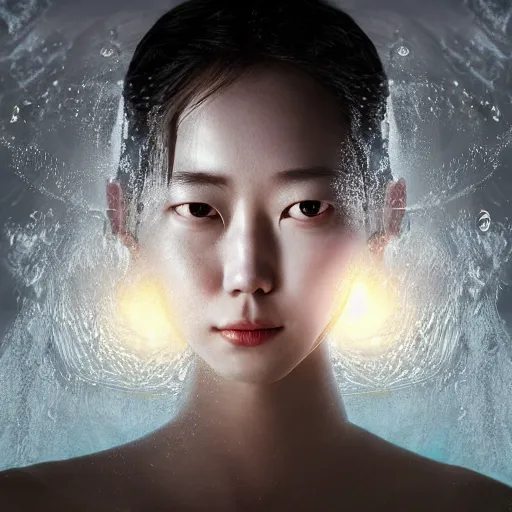 Image similar to beautiful centered Fine art photo portrait of enraptured HoYeon Jung as a solarpunk robotic humanoid emerging from water, white mechanical parts with led lights, photorealistic, white background, highly detailed and intricate, sunset lighting, HDR 8k