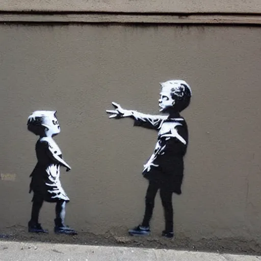 Image similar to a street art of thread connecting brother and sister by banksy