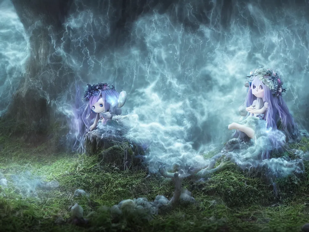 Image similar to cute fumo plush of a gothic maiden girl, overdose, overgrown flooded mystical mushroom forest temple, mysterious ritual over tempestuous stormy water, wisps of volumetric vortices of glowing smoke and fog, vignette, vray