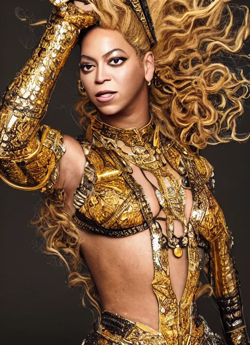 Prompt: beyonce photoshoot as a powerful anime boss villain, realistic, intricate, hyper detailed, overpowered, all gold, renaissance style clothes, highly detailed, high resolution, highly realistic, 8 k 4 k