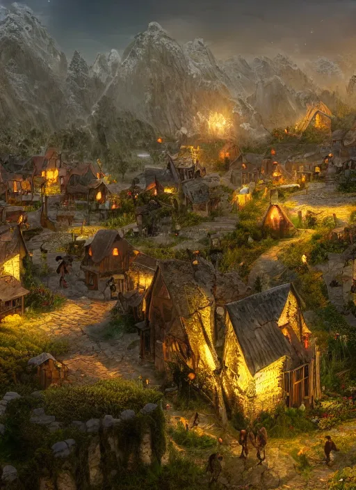 Prompt: peacefull village full of people, ultra detailed fantasy, elden ring, realistic, dnd, rpg, lotr game design fanart by concept art, behance hd, artstation, deviantart, global illumination radiating a glowing aura global illumination ray tracing hdr render in unreal engine 5