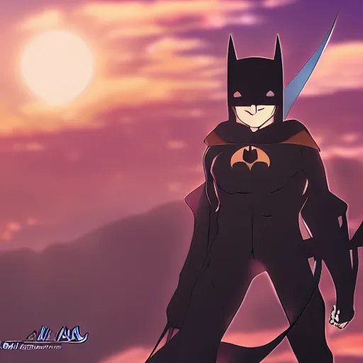 Image similar to Anime batman with a sword looking at sunset, Anime style, concept art, 8k