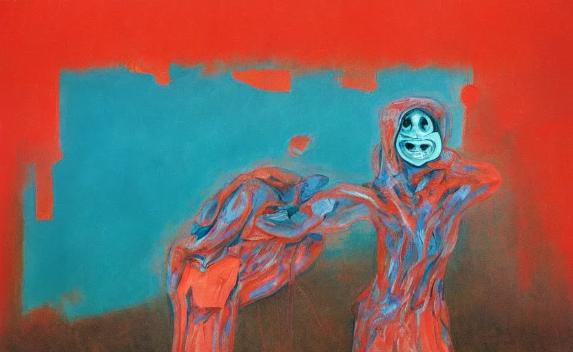 Prompt: an empty room in the style of constructivism, exhibition of paintings 8 0 s, trash bag on head, blurred, grotesque, doomed, neural acrylic paint, high resolution, gouache on canvas, ultra detailed, vibrant colors, grotesque, wrapped thermal blue and red background, slimey, art by francis bacon, beksinski painting