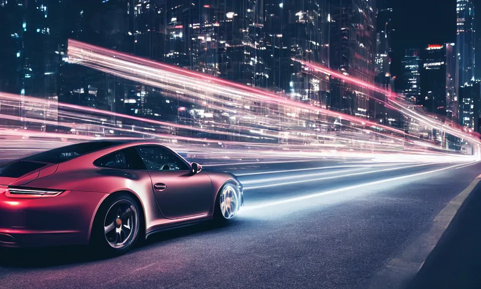 Image similar to photo of a porsche 911 at night drifting through a city, octane render, cinematic, 4k, long exposure photography, tokyo drift, fast and furious, film still, night photography, motion blur, lens flare, movie shot, light trail, distortion, wide angle