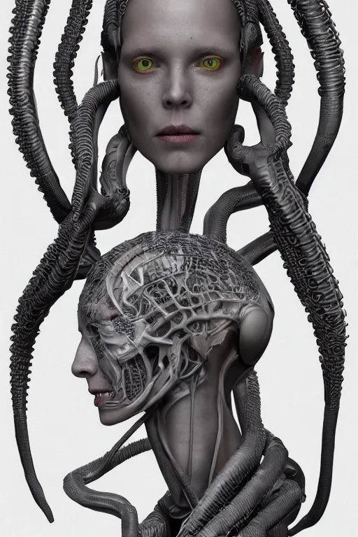 Prompt: cyborg female with gunmetal grey skin, medical anatomy, very symmetrical face, highly detailed, african braids hairstyles, tentacles mechanical implants, three - perspective / three - view reference sheet ( front / back / side ), in the style of dan ouellette, dren from splice, hr giger, sil from species, artstation, unreal engine