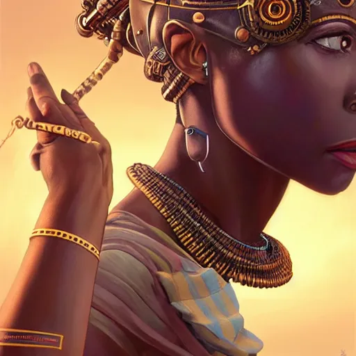 Image similar to african steampunk alchemist, science fiction, highly detailed, digital painting, beautiful eyes, symmetry, concept art, sharp focus, illustration, global illumination, radiant light, detailed and intricate environment, art by artgerm and greg rutkowski and magali villeneuve and ilya kuvshinov!