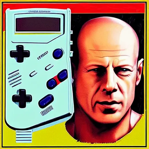 Image similar to box art for a gameboy game that just loads a picture of bruce willis's face. no other gameplay features.