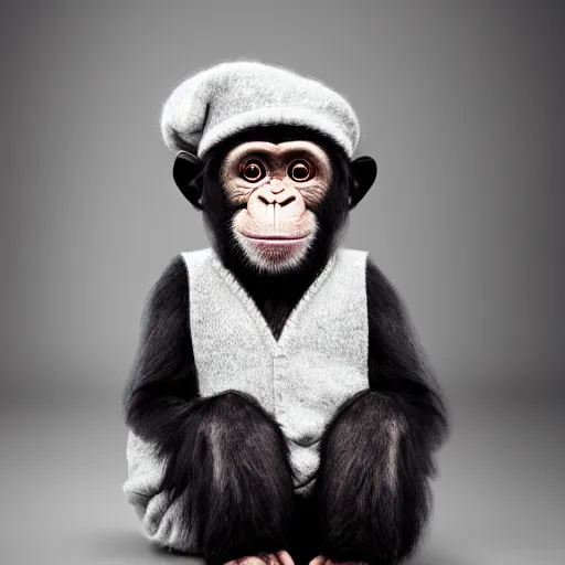 Prompt: cute chimpanzee using a wool cap. Studio photography