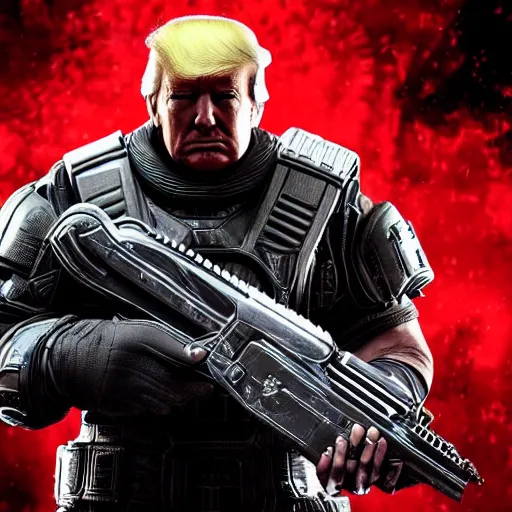 Image similar to Portrait of Donald Trump as the punisher in Gears of War, splash art, movie still, cinematic lighting, dramatic, octane render, long lens, shallow depth of field, bokeh, anamorphic lens flare, 8k, hyper detailed, 35mm film grain