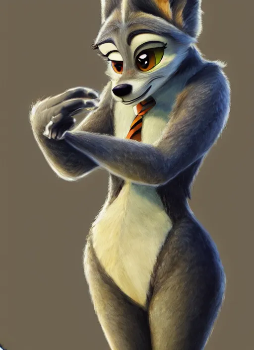 Image similar to oil painting of detailed full body of anthromorphic female wolf, in style of zootopia, zootopia, zootopia, fursona, furry, furaffinity, 4 k, deviantart, furry art, fursona art, wearing black business suit, business suit, in style of zootopia, wolf fursona, cyberpunk, female, expressive detailed feminine face,