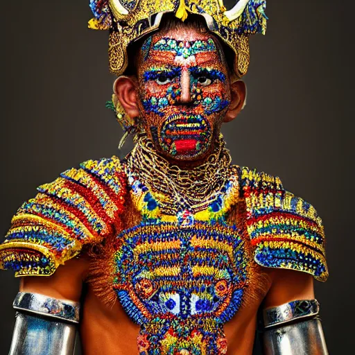 Image similar to a portrait of a beautiful young male wearing an alexander mcqueen armor made of huichol beads , photographed by andrew thomas huang, artistic