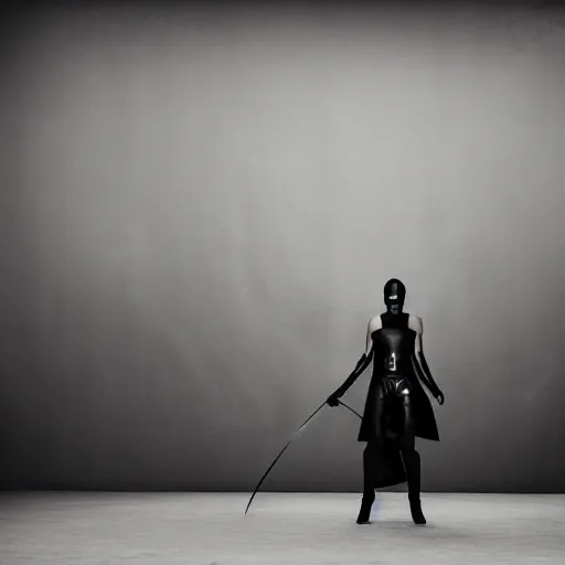 Image similar to fashion photography of an extraterrestrial model, holding a leather whip, wearing demobaza fashion, inside berghain, berlin fashion, harness, futuristic fashion, dark minimal outfit, photo 3 5 mm leica, hyperdetail, berghain, total black outfit, stone table, minimalism, 8 k, very detailed, photo by nick knight