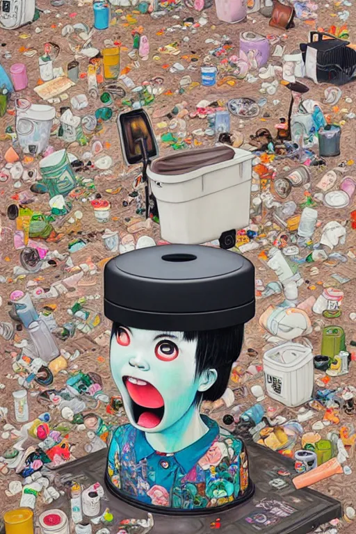 Image similar to full view, from a distance, of anthropomorphic taiwanese trashcan full of trash, style of yoshii chie and hikari shimoda and martine johanna, highly detailed