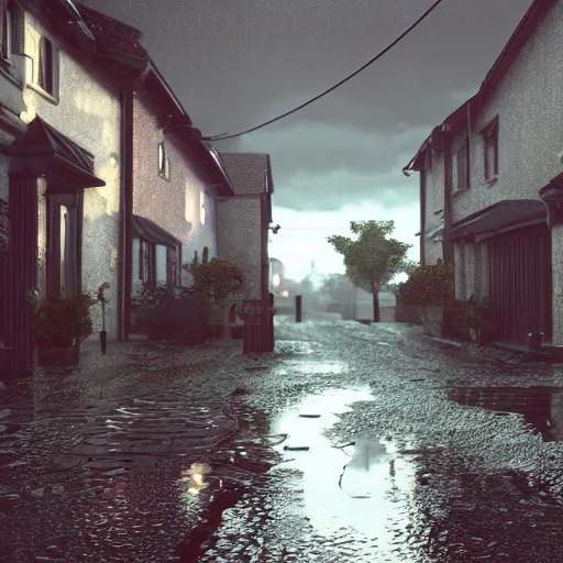 Prompt: still photo of rain puddles and reflections in a village, cloudy weather, highly detailed, photorealistic shot, bright studio setting, studio lighting, crisp quality and light reflections, unreal engine 5 quality render