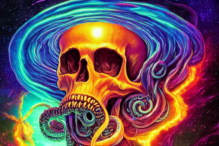 Image similar to a giant skull with lovecraftian tentacles emerging from a space nebula by dan mumford, digital art, photorealistic, vivid colors, highly detailed, intricate