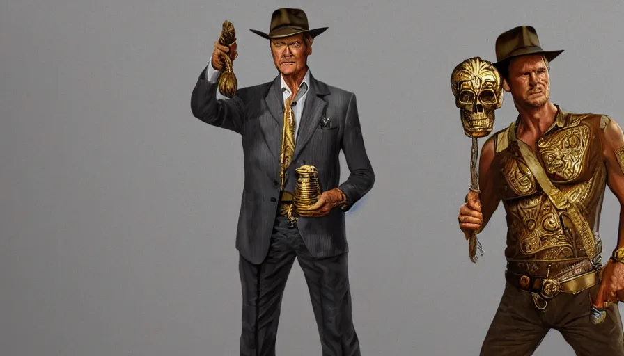 Image similar to roger moore as indiana jones holding a whip in left hand and holding a golden mayan skull in the right hand, grey background, hyperdetailed, artstation, cgsociety, 8 k