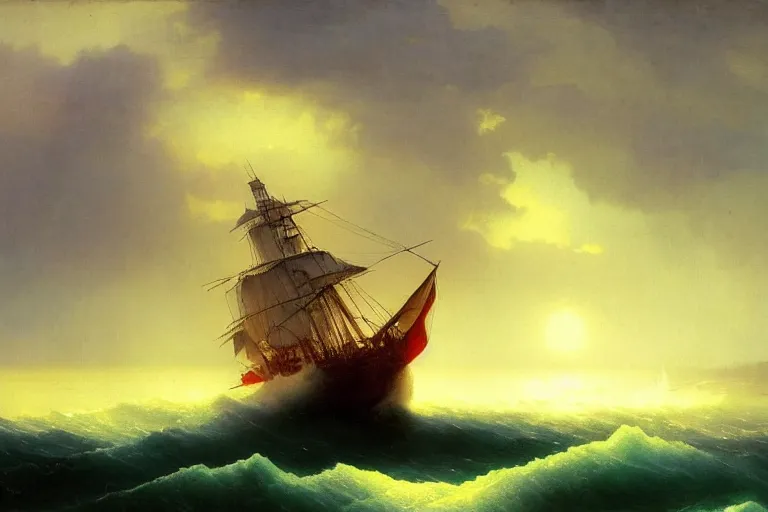 Prompt: Ghost ship in the stormy sea, sunset, by Aivazovsky, trending on artstation, bright sunny day, 8k, sharp high quality,