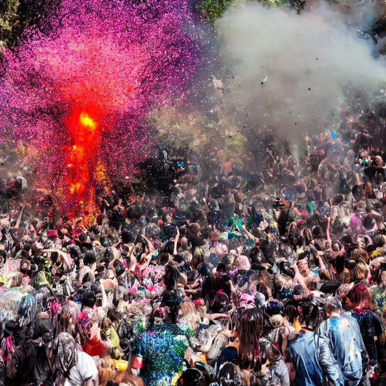 Image similar to huge explosion with mushroom cloud, glitter bomb, paint splatters, crowd of people get covered in paint and glitter