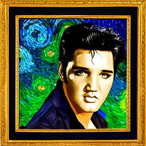 Prompt: an artistic portrait of elvis presley, dreamlike, romantic, high quality, studio photography, colorful, hero, heroic, beautiful, in the style of vincent van gogh