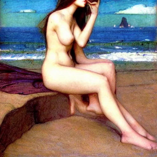 Image similar to a very beautiful futuristic girl on the beach drawn by john william waterhouse