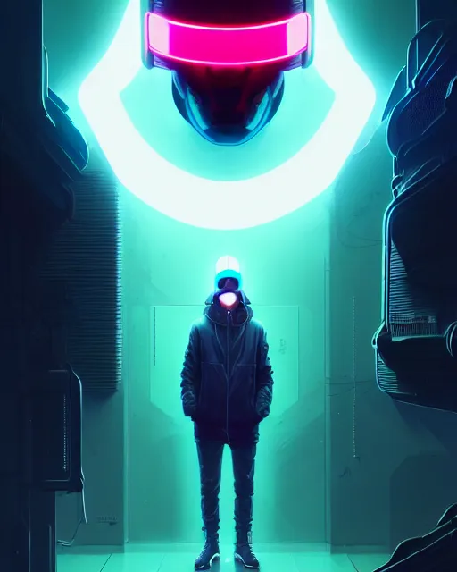 Prompt: cyberpunk synth, hyper - realistic detailed portrait of a man in a hoodie, with neon visor mask, digital painting, by atey ghailan, by greg rutkowski, by greg tocchini, by james gilleard, by joe fenton, by kaethe butcher, sharp focus
