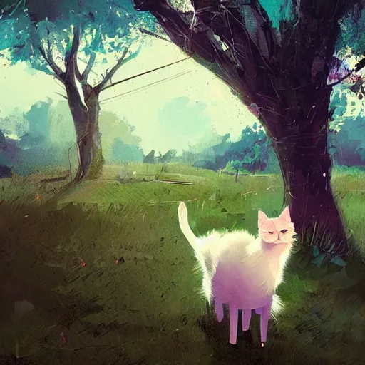 Image similar to A very pretty cat near a tree in the countryside on a windy day by Ismail Inceoglu, cgsociety, mixed media, award winning