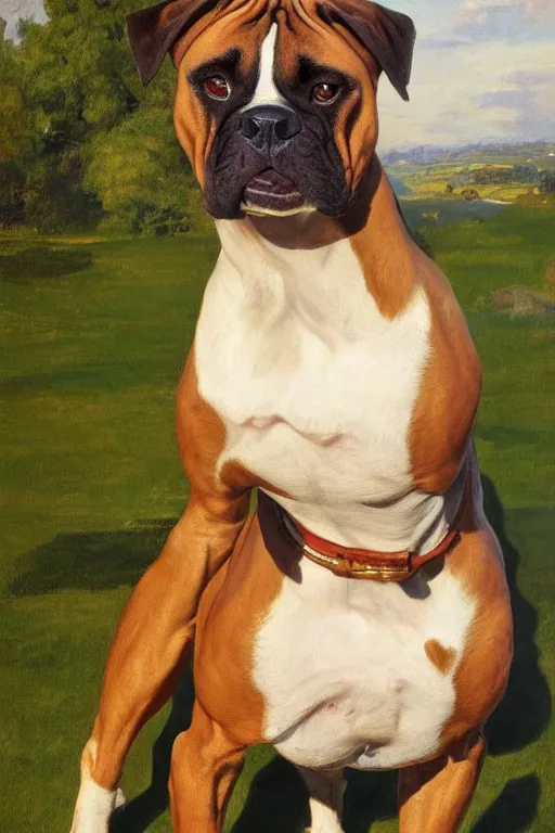 Image similar to painting of a boxer dog, golden hour, in a garden, artstation, by J. C. Leyendecker and Peter Paul Rubens,