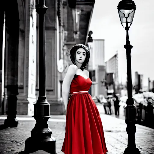 Prompt: beautiful woman in a coffee dress standing under the circle of light of lamp post, grayscale phtoto with red dress, high resolution, 8k resolution, highly detailed, attention to details, realism, photo-realism, photo by marco glaviano, 35mm