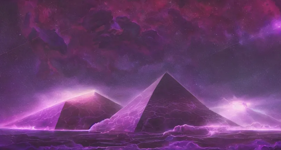 Prompt: black lovecraftian eldritch!! obsidian pyramid!! with a man standing on top of it on calm seas, cosmic purple space!, bright stars, nebula, sky background by eugene von guerard, ivan shishkin, night, cosmic brightly purple space stars, concept art, trending on artstation, 8 k