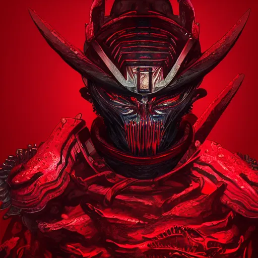 Image similar to a vivid portrait of a predator samurai, trending on artstation, scary, intimidating, dark, unreal engine, studio lighting, black and red color scheme