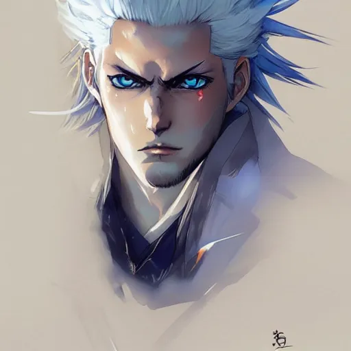 Image similar to anime style portrait of a young man with white hair and blue eyes, dramatic lighting, anime illustration by Greg rutkowski, yoji shinkawa, 4k, digital art, concept art, trending on artstation, アニメ, featured on pixiv