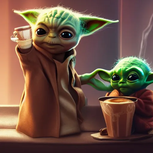 Prompt: Baby Yoda and Baby Groot are chilling in a coffee shop together hyperdetailed, artstation, cgsociety, 8k