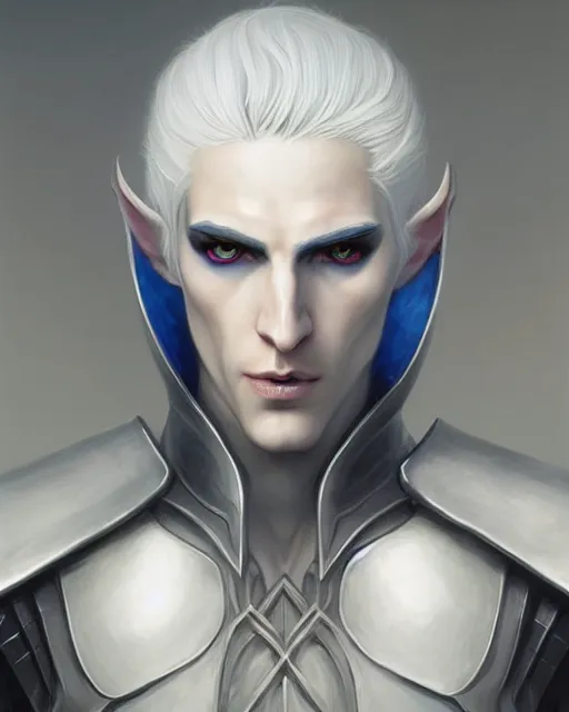 Image similar to character portrait of a slender young half white haired elven man with piercing blue eyes and pale bluish skin, wearing sleek pearlescent black wraithbone armor, by greg rutkowski and mark brookes and jim burns and tom bagshaw and magali villeneuve, trending on artstation