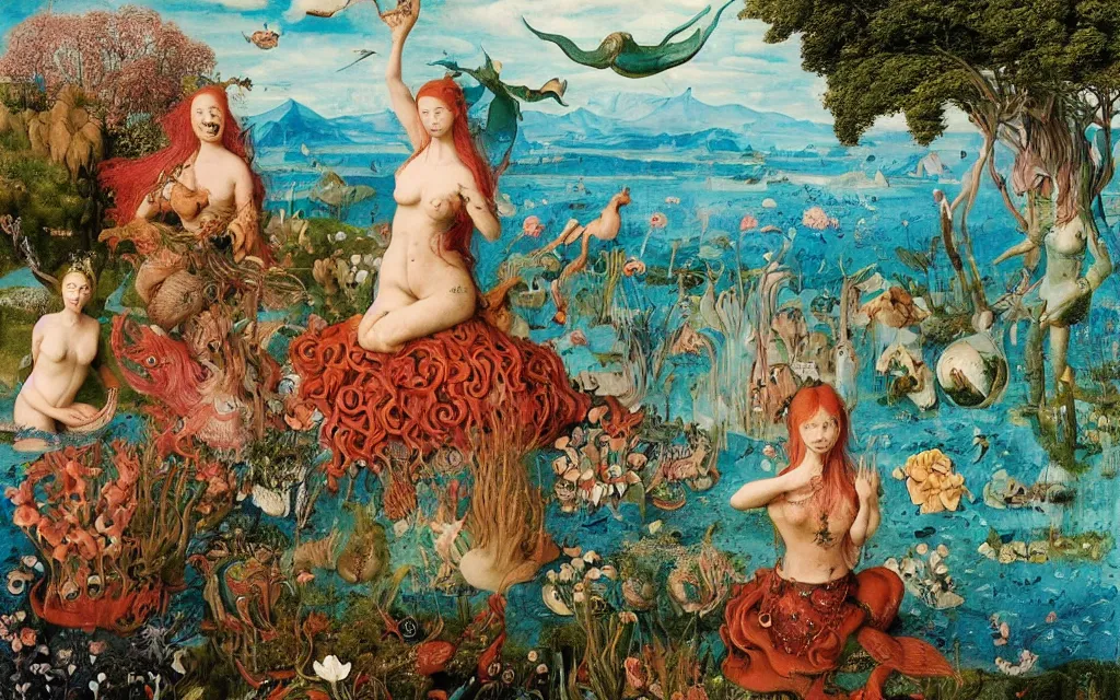 Prompt: a portrait photograph of a meditating mermaid and a centaur king riding birds at a wide river delta. surrounded by bulbous flowers, animals, trees and mushrooms. mountain range under a vast blue sky of burning stars. painted by jan van eyck, max ernst, ernst haeckel and artgerm, cgsociety, artstation, fashion editorial