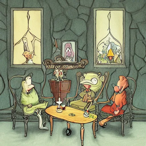 Image similar to a group of cartoon characters standing around a chair, a storybook illustration by tony diterlizzi, deviantart contest winner, gothic art, storybook illustration, official art, tarot card